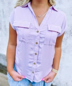 Trend Notes Sydney Short Sleeve Button Up Shirt- Lilac Tops