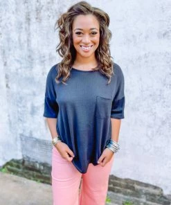 BomBom Jordyn Crewneck Waffle Knit Top- Black Tops