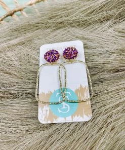 Texas Bling Kenzie Glitter Top Rectangle Earrings- Purple/ Gold