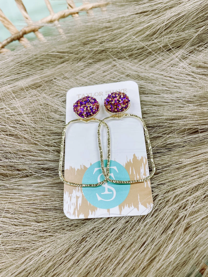 Texas Bling Kenzie Glitter Top Rectangle Earrings- Purple/ Gold 1 Texas Bling Kenzie Glitter Top Rectangle Earrings- Purple/ Gold