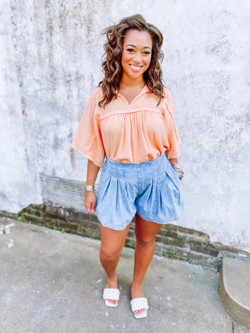 Ces Femme Alexandria Cotton Gauze Wide Sleeve Hi Low Top- Peach 3 Ces Femme Alexandria Cotton Gauze Wide Sleeve Hi Low Top- Peach