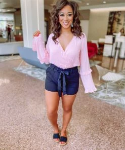 Peach Love Blake Frill Surplice V Neck Bodysuit- Pink