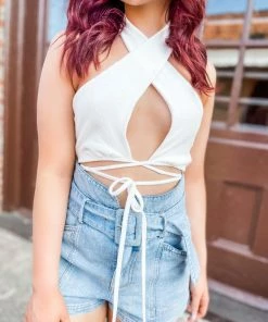 Paper Moon Layla Cross Neck Front Tie Top- Ivory Tops