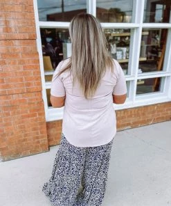 Zenana Premium Adele V Neck Relaxed Fit Round Hem Top- Cream Peach