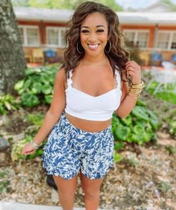 Love Tree Tops Jenna Ruffle Shoulder Strap Crop Top- White