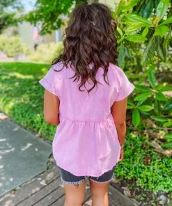 Entro Tops Jaylin Denim Collared Babydoll Top- Pink 12 Entro Tops Jaylin Denim Collared Babydoll Top- Pink