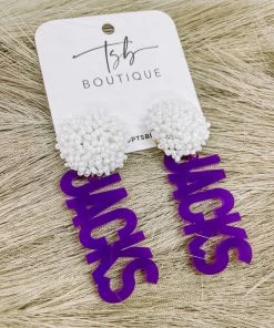 Texas Bling Purple Jacks White Pom Earrings