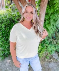 Zenana Premium Adele V Neck Relaxed Fit Round Hem Top- Banana