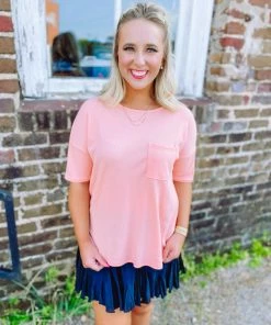 BomBom Tops Jordyn Crewneck Waffle Knit Top- Coral