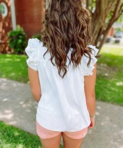 Entro Whitney Pleated Ruffle Round Neck Top- White Tops