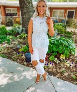 Andree Amora Sheer Lace Ruffle Hem Top