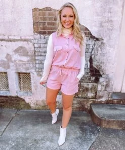 Trend Notes Annika Chambray Drawstring Sleeveless Romper