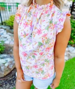 Trend Shop Quinn Ruffled Neckline Floral Top- Blush/Lilac Tops
