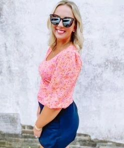 Ces Femme Tops Palmer Floral Quarter Puff Sleeve Top