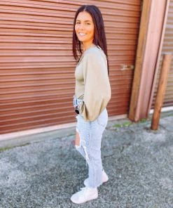 Peach Love Victoria Bubble Sleeve Bodysuit- Light Olive Tops