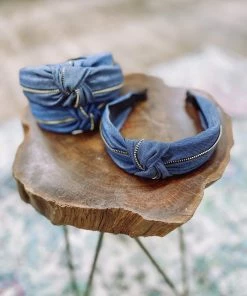 Texas Bling Denim Zipper Mid Knot Headband- Dark Blue