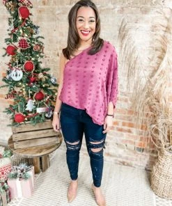 Main Strip Karla One Shoulder Swiss Dot Top- Plum Tops