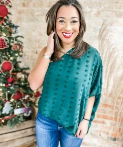 Main Strip Karla One Shoulder Swiss Dot Top- Hunter Green Tops