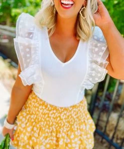 Flying Tomato Landry Ribbed Knit Ruffled Sleeve Bodysuit- Ivory