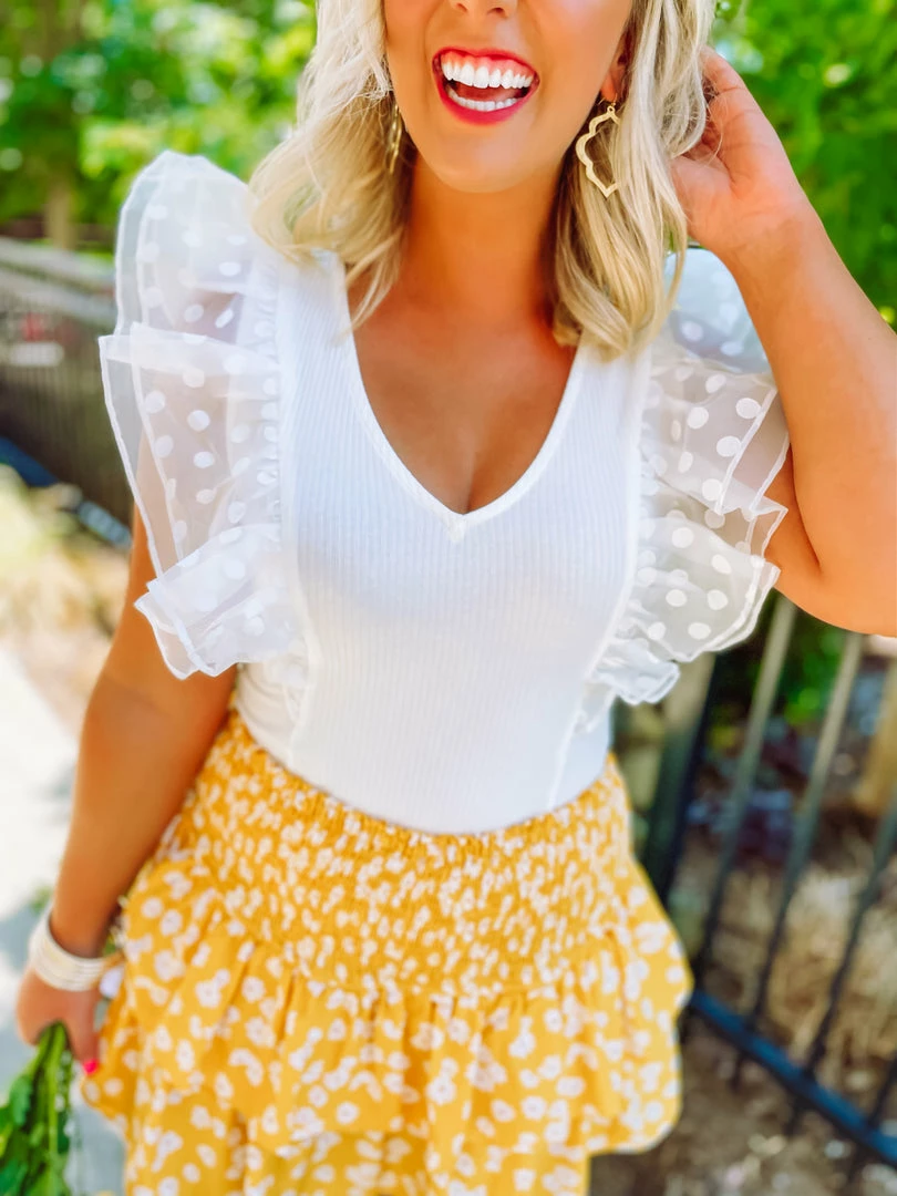 Flying Tomato Landry Ribbed Knit Ruffled Sleeve Bodysuit- Ivory 2 Flying Tomato Landry Ribbed Knit Ruffled Sleeve Bodysuit- Ivory