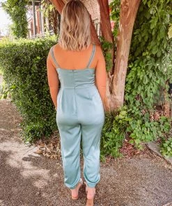 Blue Blush Trinity Satin Spaghetti Strap Jogger Jumpsuit Rompers & Jumpsuits