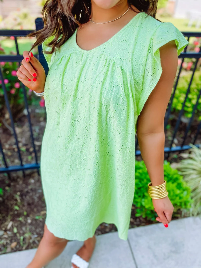 Haptics Lulu Eyelet Frill Neck Dress- Lime 3 Haptics Lulu Eyelet Frill Neck Dress- Lime