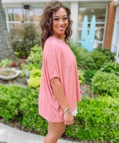 Easel Laramie Short Sleeve Oversized Tunic- Dusty Rose Tops