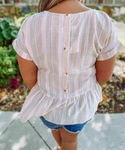 Blu Pepper Neutral Babe Melanie Striped Back Button Detail Top