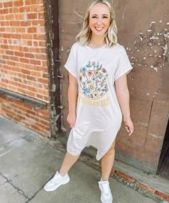 Faith Apparel Wild Flower Midi T-Shirt Dress- White Neutral Babe