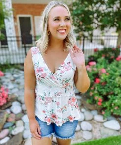 Entro Felicity Floral Surplice Ruched Waist Top Neutral Babe