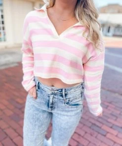 Blu Pepper Tops Adele Throwback Striped Open V Neck Top