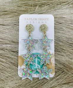 Texas Bling Zara Triple Star Acrylic Drop Earrings- Silver Sequin Jewelry