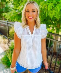 Entro Tops Kynlee Sheer Checkered Ruffle Sleeve Top- White