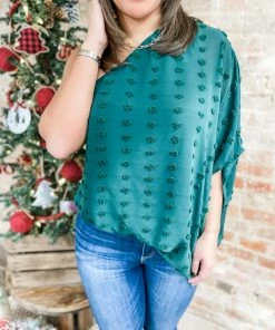 Main Strip Karla One Shoulder Swiss Dot Top- Hunter Green Tops