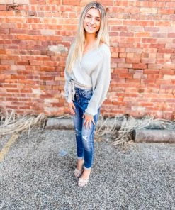 Love Tree Tops Hansel Tie Front Wrap Sweater- Leaf