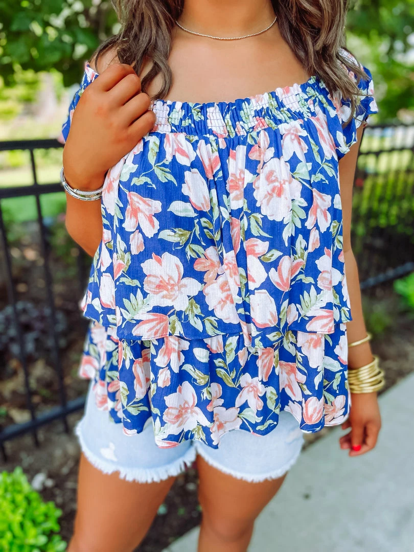 Ces Femme Hallie Bold Floral Tiered Tank- Cobalt 3 Ces Femme Hallie Bold Floral Tiered Tank- Cobalt