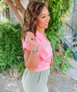 Flying Tomato Paulina Twist Front V Neck Top- Pink