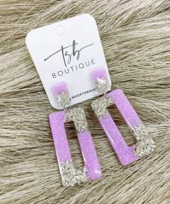 Texas Bling Glitter Open Rectangle Earrings- Lavender & Silver Jewelry