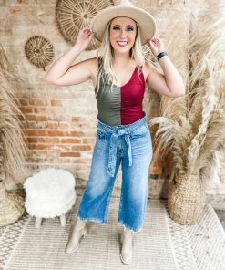 Peach Love Tops Natalie Color Blocked Bodysuit- Olive/Burgundy