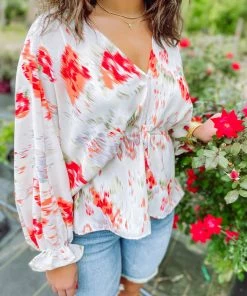 Entro Marlee Floral V Neck Batwing Top- Orange Tops