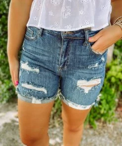 Risen Denim Cali Distressed Mid Thigh Shorts