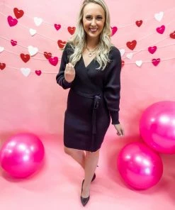 Main Strip Elaine Surplice Waist Tie Long Sleeve Dress