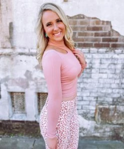 Texas Bling Tops Ariana Cut Detail Mock Neck Ribbed Top- Mauve