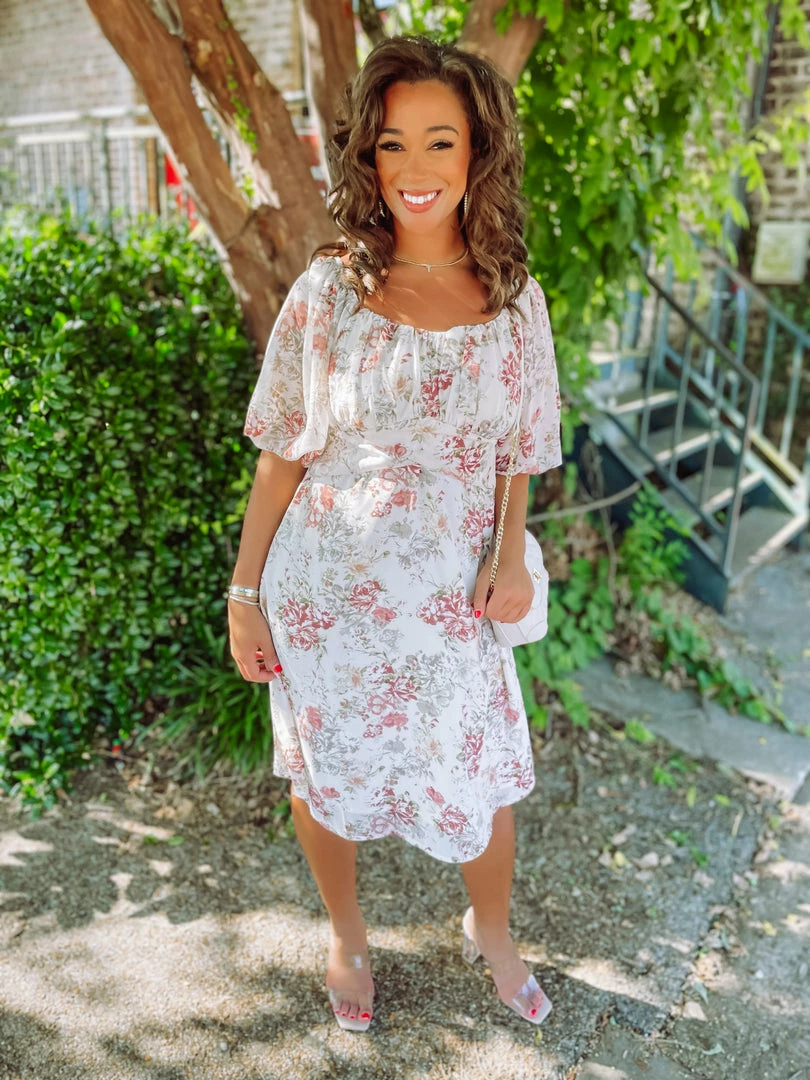 J. NNA Neutral Babe Kylie Floral Crossover Round Neck Midi Dress- Cream 1 J. NNA Neutral Babe Kylie Floral Crossover Round Neck Midi Dress- Cream