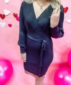 Main Strip Elaine Surplice Waist Tie Long Sleeve Dress