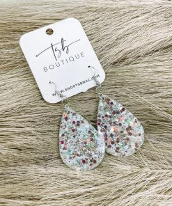 Texas Bling Large Glitter Teardrop Earrings- Shiny Opal White