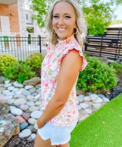 Trend Shop Quinn Ruffled Neckline Floral Top- Blush/Lilac Tops