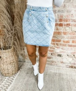 Entro Mallory Grid Stitched Button Detail Skirt- Light Denim