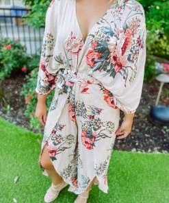 Cezanne Alyssa Floral Self Tie Kimono Jumpsuit Neutral Babe
