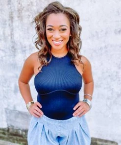 Trend Notes Ellis Rib Knit Halter Bodysuit- Black Tops